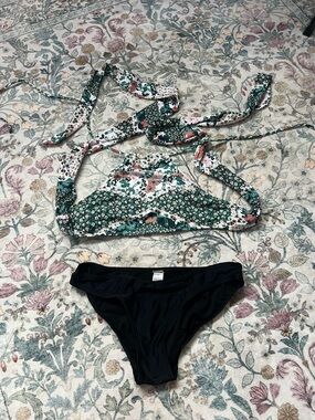 Old Navy Floral Green and Pink Triangle Bikini Top with Black Bikini Bottom